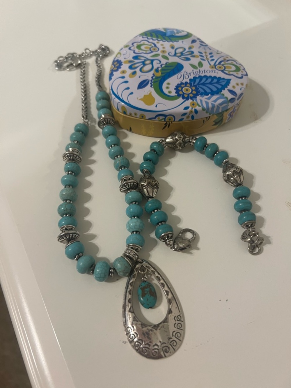 Brighton Turquoise Bead Necklace with Silver Pendant